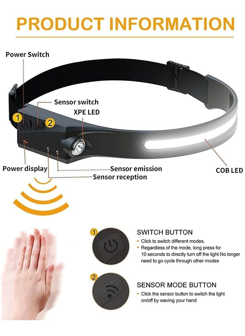 Generic Headlamp Rechargeable Head Torch with Motion Sensor 350 Lumens Waterproof Headlamp for Kids Adults Running Camping  - Image 2