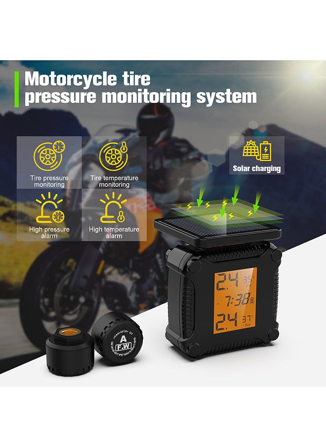 Generic - Tire Pressure Monitoring System Solar Charging Waterproof Motorcycle Tyre Alarm with Large LCD Screen 2 External Sensors - Image 1