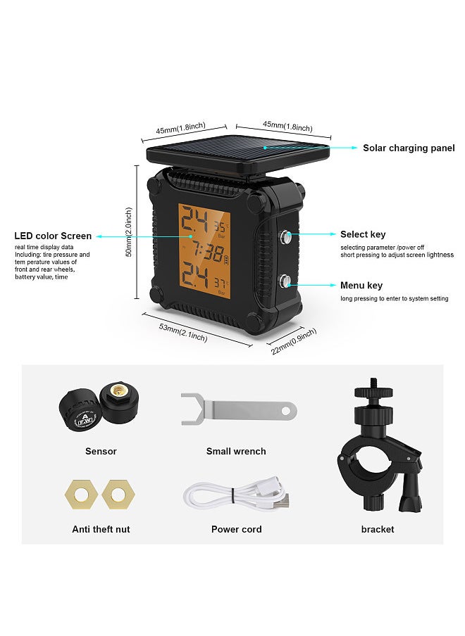 Generic - Tire Pressure Monitoring System Solar Charging Waterproof Motorcycle Tyre Alarm with Large LCD Screen 2 External Sensors - Image 1