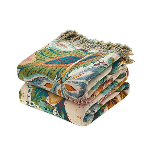 LUTBM Boho Throw Blanket for Bed Cotton Summer Blankets Twin Size for Bedroom Living Room All Season Lightweight Botanical Floral Embroidery Quilt for Couch Sofa Chair 60x80 Home Decor - Image 1