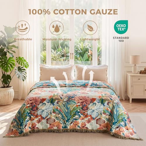 LUTBM Boho Throw Blanket for Bed Cotton Summer Blankets Twin Size for Bedroom Living Room All Season Lightweight Botanical Floral Embroidery Quilt for Couch Sofa Chair 60x80 Home Decor - Image 3