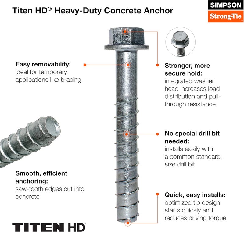 Simpson StrongTie THDB62400H 5/8 Inch x 4 Inch, Hex Washer Head, Zinc Plated Titen HD Heavy-Duty Screw Anchor for Concrete, Easy Installation (Pack of 10) - Image 2
