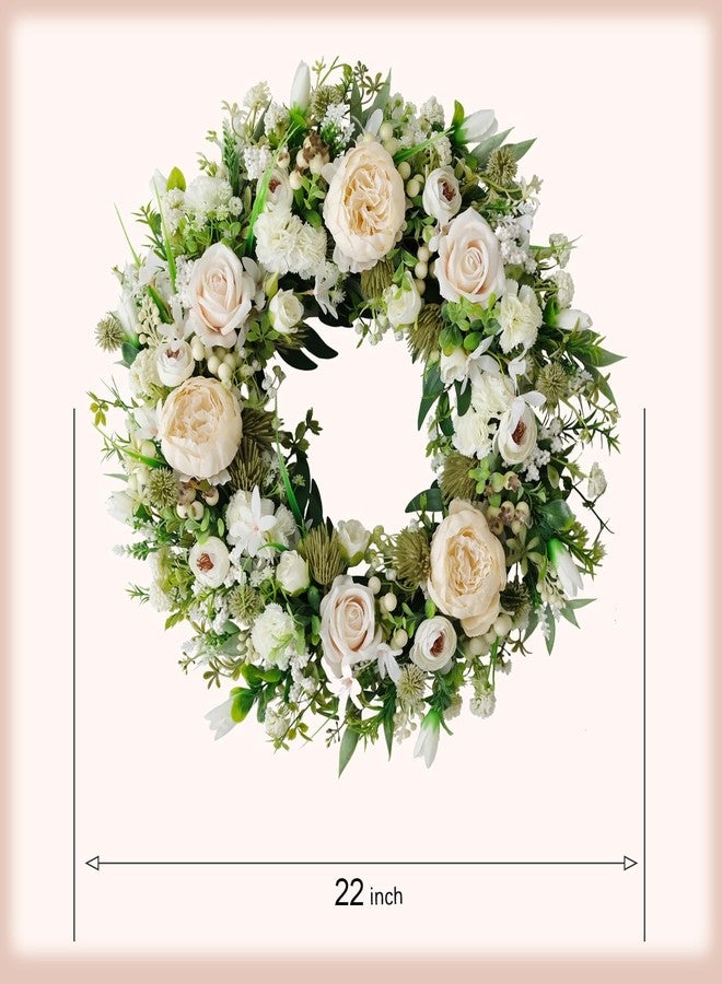 idyllic Artificial Floral Wreath for Front Door, 22" White Peony Rose Wreath for Indoor Outdoor Home Wall Window Wedding Decorations - Image 3
