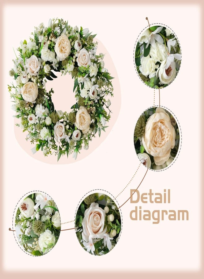 idyllic Artificial Floral Wreath for Front Door, 22" White Peony Rose Wreath for Indoor Outdoor Home Wall Window Wedding Decorations - Image 2