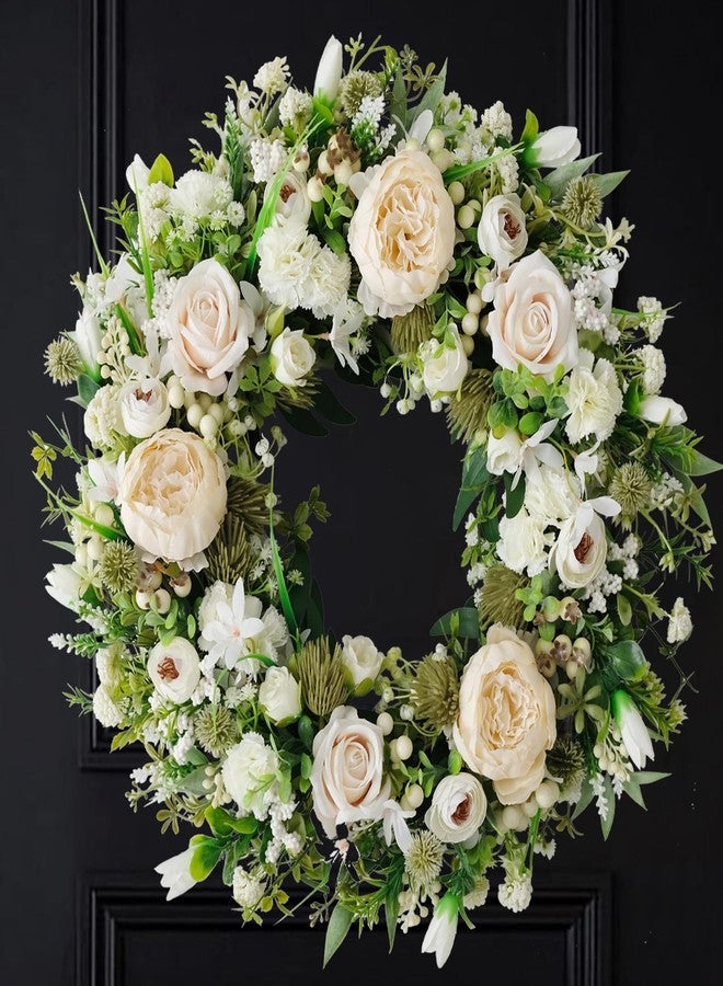 idyllic Artificial Floral Wreath for Front Door, 22" White Peony Rose Wreath for Indoor Outdoor Home Wall Window Wedding Decorations - Image 1