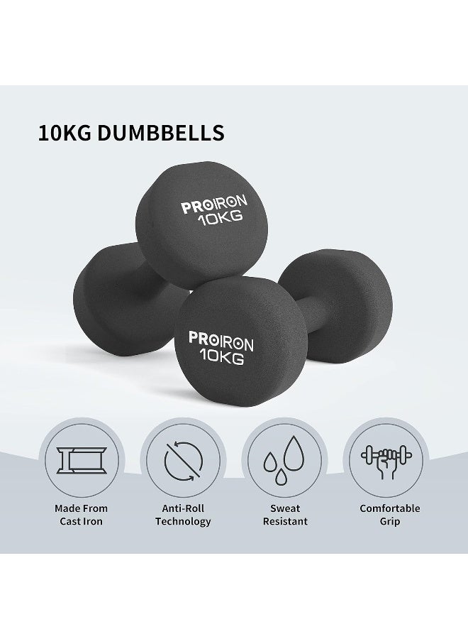 PROIRON PROIRON Neoprene Dumbbells Set Weights Exercise & Fitness Dumbbells (10kg×2 Black) - Image 2