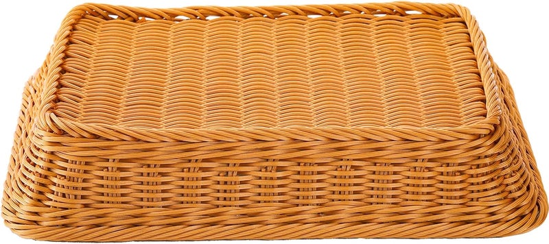DEAYOU Imitation Rattan Bread Basket with Lid, Woven Tabletop Food Serving Basket, Poly-Wicker Fruit Basket for Vegetable, Restaurant, Display, Kitchen, Party, Rectangle, 13.8" L x 9.8" W - Image 4