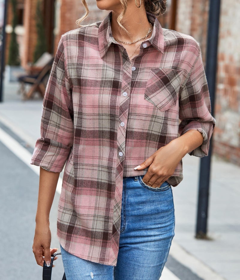 SANGTREE Womens Plaid Flannel Shirt Long Sleeve Button Down Shirts Pink Plaid, Small - Image 2