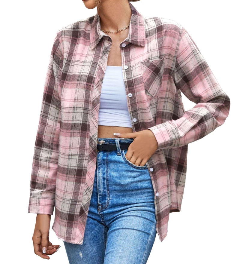 SANGTREE Womens Plaid Flannel Shirt Long Sleeve Button Down Shirts Pink Plaid, Small - Image 4
