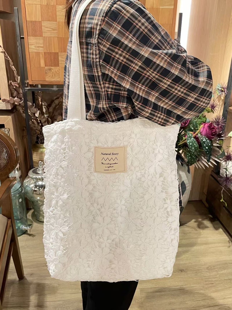 Japanese-Style Casual Versatile Canvas Underarm Bag Ins Fashion Lace Handbag Floral Hollow Single Shoulder Women'S Bag Artistic - Image 2