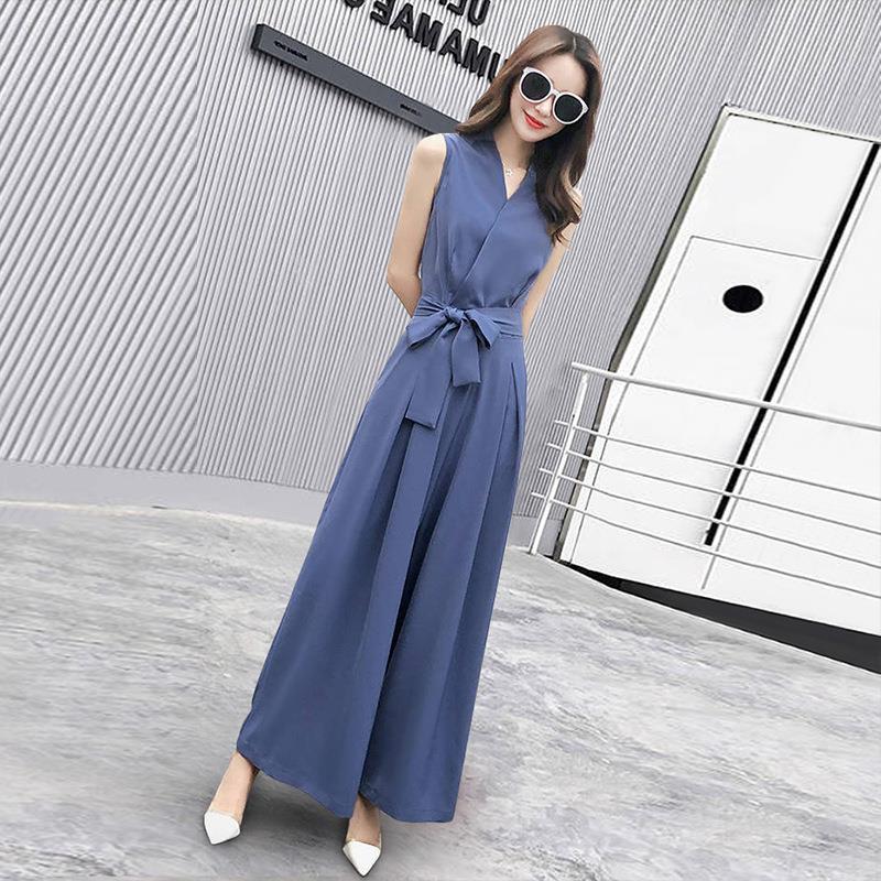 Summer 2024 V-Neck Slim Jumpsuit for Women Blue - Image 1