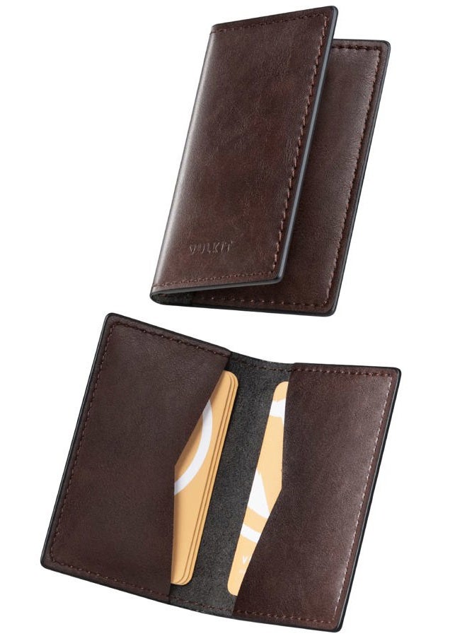 VULKIT حامل بطاقات العمل الجلدية مزدوج الجوانب رفيع لتنظيم بطاقات العمل للرجال أو النساء، يحمل حتى 20 بطاقة (إسبريسو) - Image 1