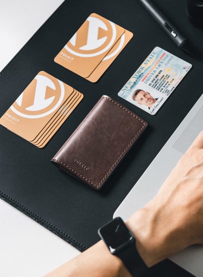 VULKIT حامل بطاقات العمل الجلدية مزدوج الجوانب رفيع لتنظيم بطاقات العمل للرجال أو النساء، يحمل حتى 20 بطاقة (إسبريسو) - Image 5