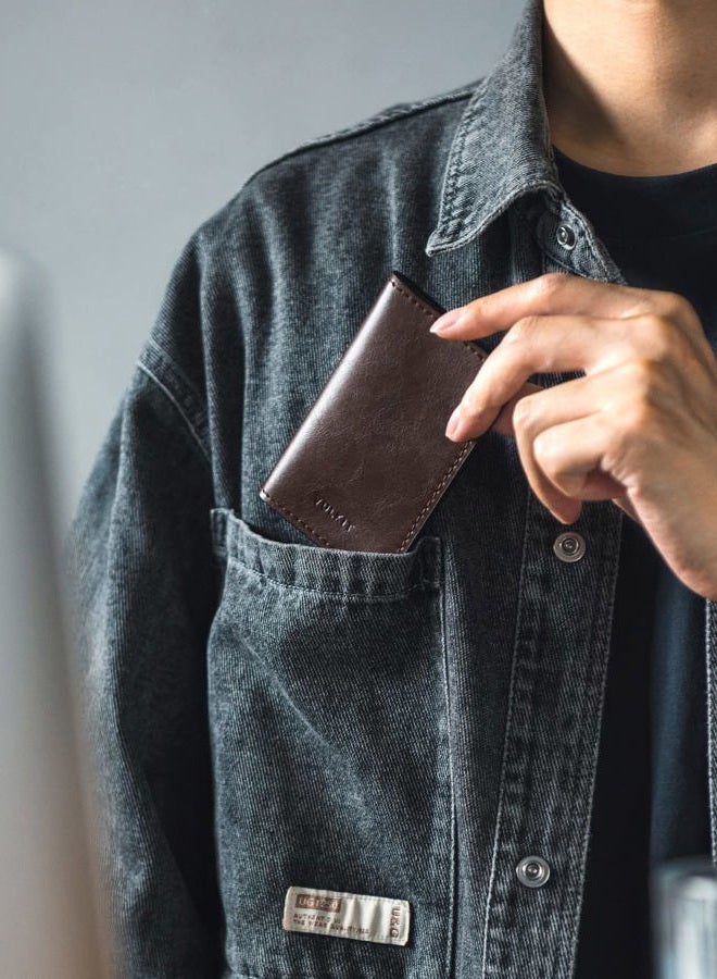 VULKIT حامل بطاقات العمل الجلدية مزدوج الجوانب رفيع لتنظيم بطاقات العمل للرجال أو النساء، يحمل حتى 20 بطاقة (إسبريسو) - Image 3