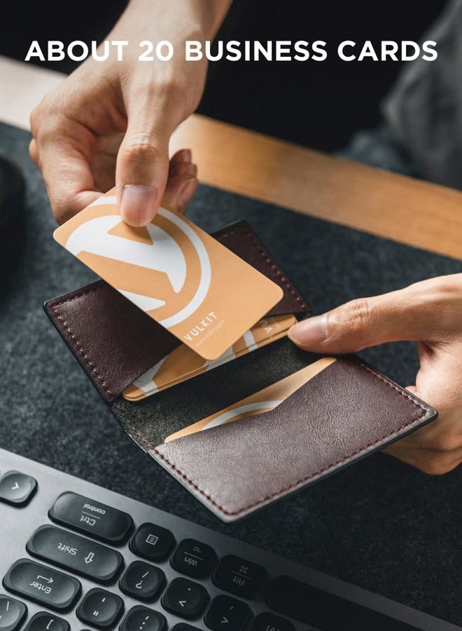 VULKIT حامل بطاقات العمل الجلدية مزدوج الجوانب رفيع لتنظيم بطاقات العمل للرجال أو النساء، يحمل حتى 20 بطاقة (إسبريسو) - Image 4