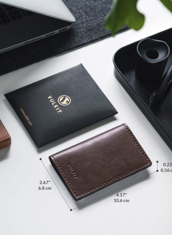 VULKIT حامل بطاقات العمل الجلدية مزدوج الجوانب رفيع لتنظيم بطاقات العمل للرجال أو النساء، يحمل حتى 20 بطاقة (إسبريسو) - Image 2