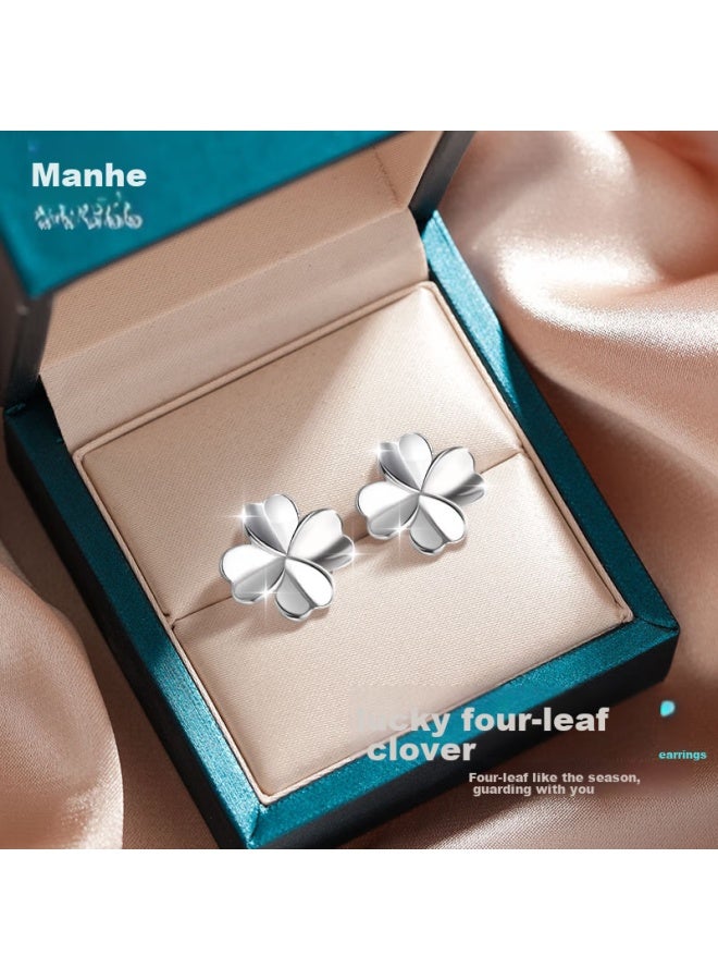 Manhe S999 Sterling Silver Four-leaf Clover Stud Earrings For Women, Earrings elry, Birthday Gift For Wife, Qixi Valentine's Day Present For Girlfriend - Image 1
