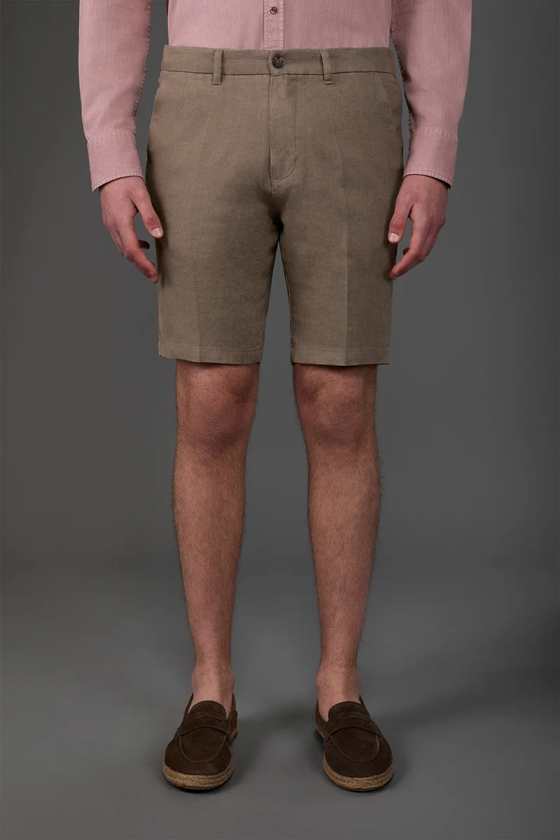 Men's Bermuda shorts with elastic waistband 100% linen - Lt Brown