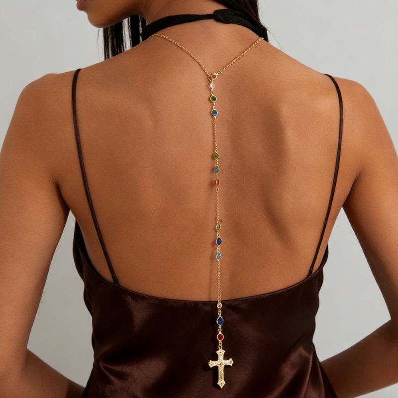 SHIXIN European and American Cross-Shaped Pendant Body Chain with Colorful Crystal Accents - Image 1