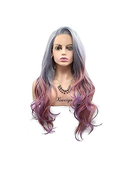 Xiweiya Xiweiya Multicolor Lace Front Wig Side Part Ombre Grey to Purple Rainbow Synthetic Lace Front Wig Long Body Wave Wig Heat Resistant Fiber 134 Lace Front Wig High Density For Party Drag Queen 24inch for Women 