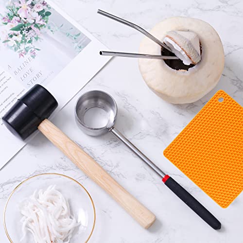 CJFocus Coconut Opener Tool Set, Food Grade Stainless Steel Coco Opener Kit for Coconut Young & Mature, Coconut Shell Puncher Knife, Rubber Hammer with Wood Handle, Silicone Mat Shockproof - Image 5