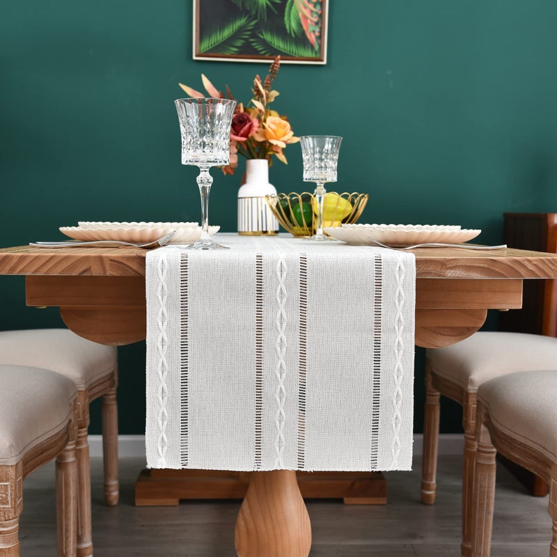 NEWISHER Farmhouse Rustic Table Runner Braided Stripe Table Runners Embroidered Table Decorations for Kitchen Living Room Dining Holiday and Party Ivory 13x60 Inch - Image 3