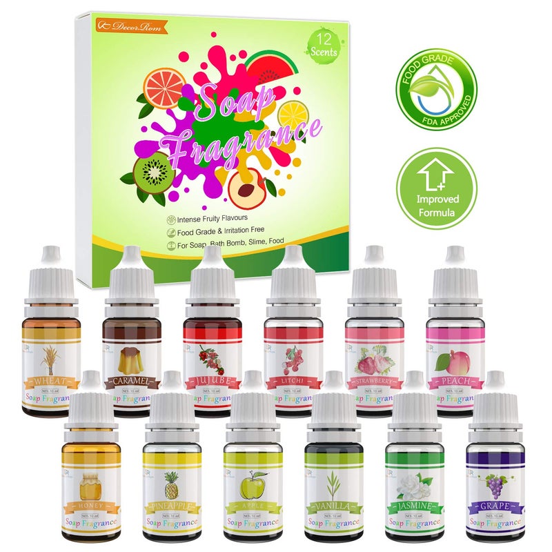 DecorRom Soap Fragrance Oil - 12 Liquid Soap Scents Set for Bath Bomb Making, Soap Making Supplies, DIY Slime - Concentrated Food Grade Soap Flavoring Bath Bomb Scents for Cosmetic, Crafts - 10ml/0.35oz Each - Image 2