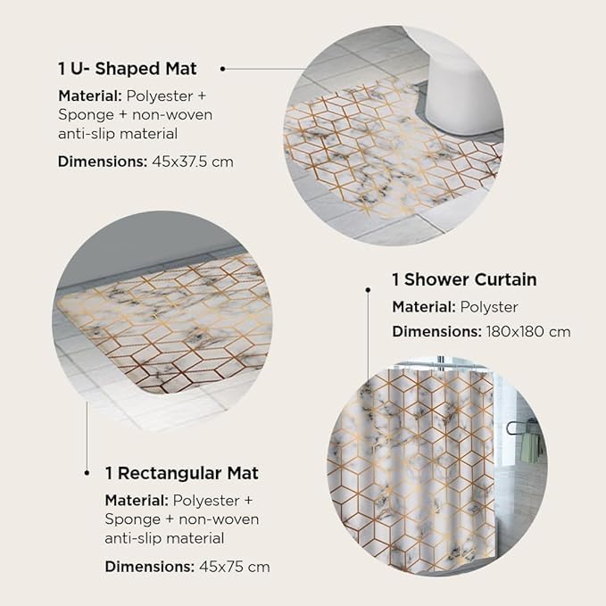 Homestic Homestic Shower Curtain & Bathmat Set | Non-Slip Bath mats for Bathroom | Easy-Slide Curtains | Polyester Curtain or Bathmat for Bath D?cor | YF345-3T | 3 Pcs Set | Multicolor  - Image 3