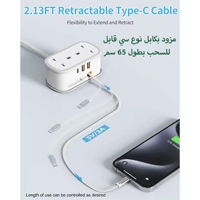 شريط طاقة للسفر للاستخدام المحمول، بلاستيك ABS، أسود، سلك قابل للسحب بطول 1.5 متر مع 2 منافذ المملكة المتحدة، 3 منافذ USB 2A + 1C، شحن سريع، يتضمن كابل USB-C إضافي قابل للسحب - Image 4