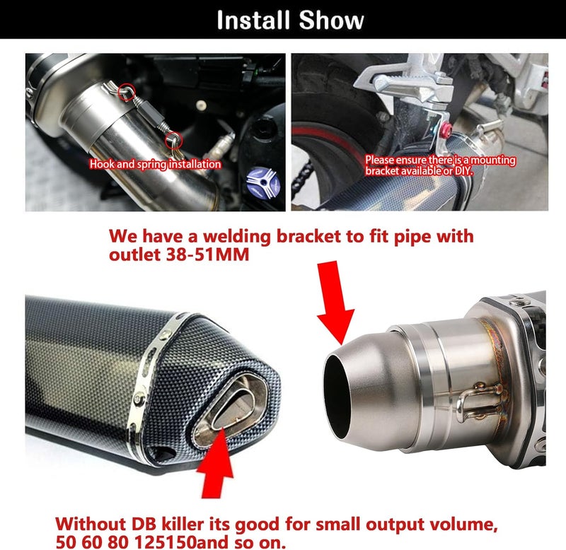 PACEWALKER Exhaust Muffler 1.5-2"Inlet with Removable DB Killer for Street/Sport Motorcycles and Scooters with 38,51mm Diameter Exhaust Pipes(Matt black) - Image 5