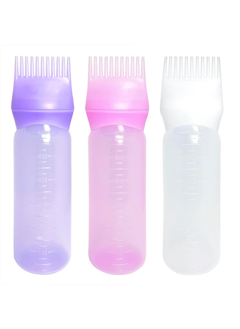 Tenalleys Tenalleys 3 Pack Hair Dye Brush Root Comb Applicator Bottle, 6 Ounce Hair Dye Bottle with Graduated Scale for Hair Bleach, Hair Dye,Hair Care(Pink, Purple, White) 