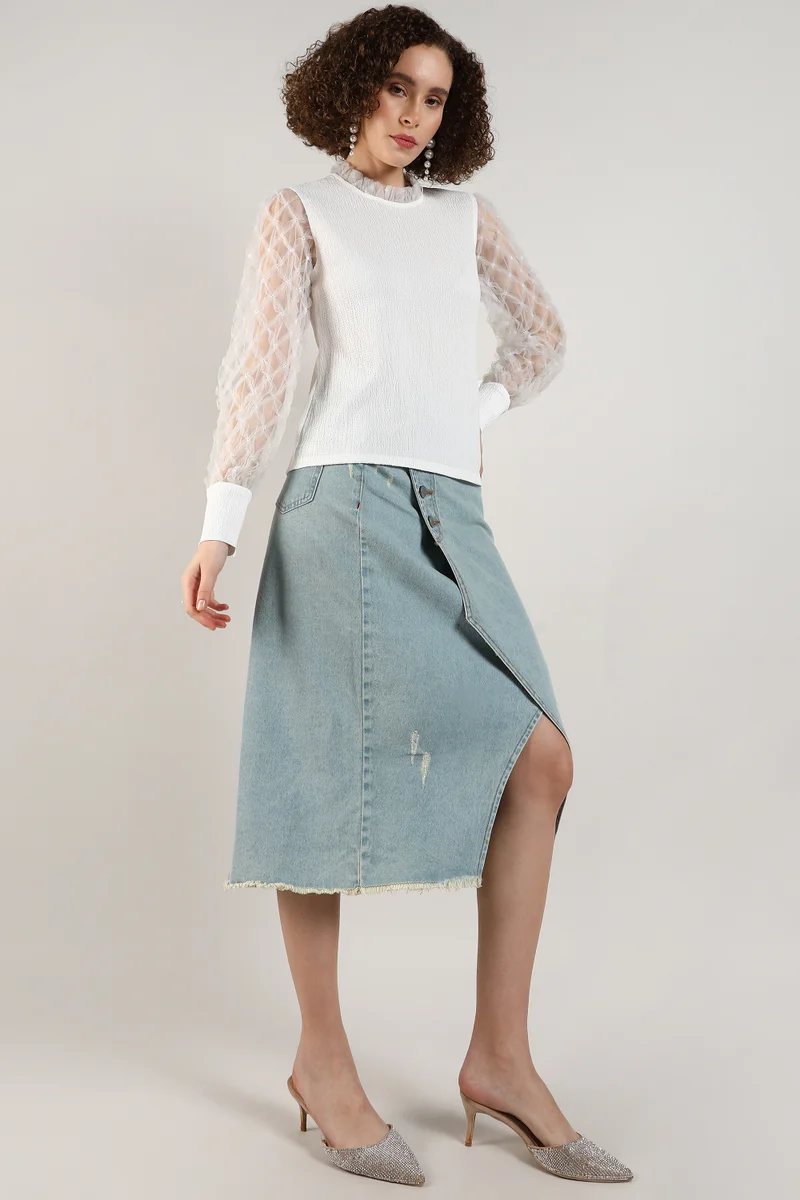 Campus Sutra Women's Powder White Sheer Block Top