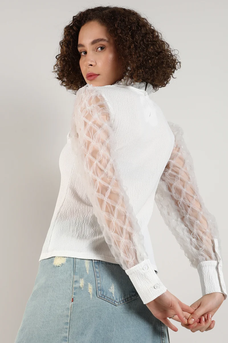 Campus Sutra Women's Powder White Sheer Block Top