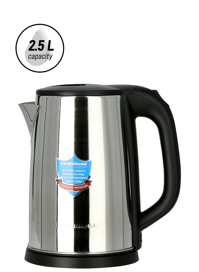 Olsenmark Cordless Electric Kettle with 360° Rotational Base, Stainless Steel, Boil-Dry Protection & Auto Shut-Off and Ideal for Hot Water, Tea, & Coffee Maker 2.5 L 1800 W OMK2332 Silver/Black - Image 1