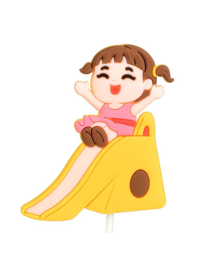 Internet Celebrity Cartoon Children's Day Soft Pottery Soft Glue Cake Decoration Cute Children Girl Birthday Doll Plug-in-Color:Soft Glue-Slide Girl  - Image 1