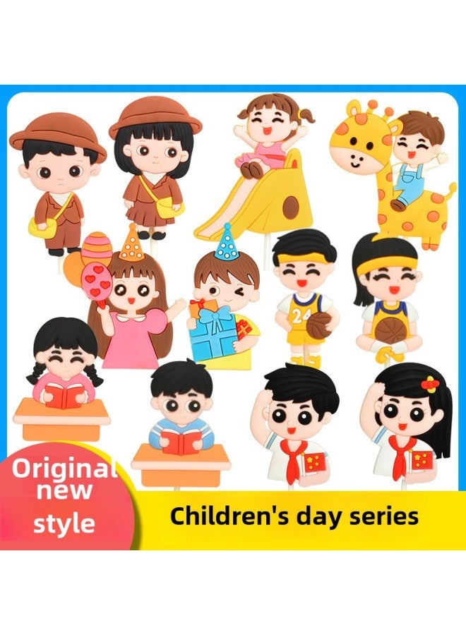 Internet Celebrity Cartoon Children's Day Soft Pottery Soft Glue Cake Decoration Cute Children Girl Birthday Doll Plug-in-Color:Soft Glue-Slide Girl  - Image 2