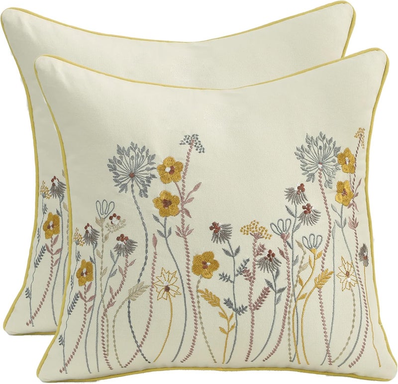 Tosleo أغطية وسائد رمي مطرزة 18 × 18 بوصة مجموعة من 2، أغطية وسائد ربيعية مزخرفة، أغطية وسائد ريفية، ديكور منزلي، وسادة مربعة مع زهور (حديقة الزهور) - Image 1