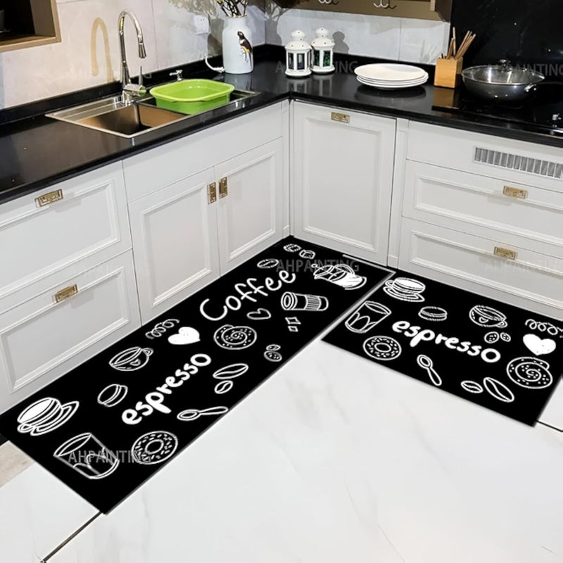 Generic 2 Pack Non-Slip Oil-Proof Cooking Mat, Black, 1.28' x 3.28', Modern, Water Resistant, Anti-Fatigue, 2-Piece, Kitchen, Laundry, Office