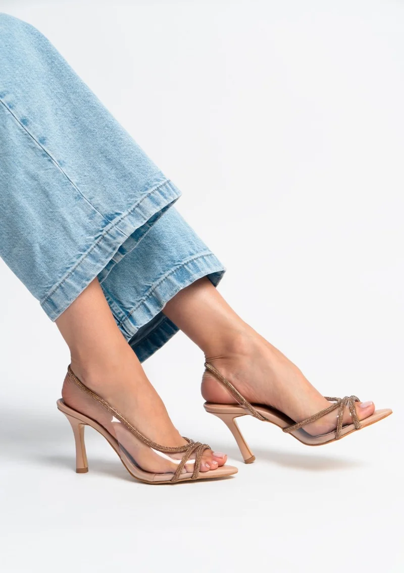 Nişantaşı Shoes Thistle Beige Matte Transparent Stone Detailed Women's Heeled Shoes