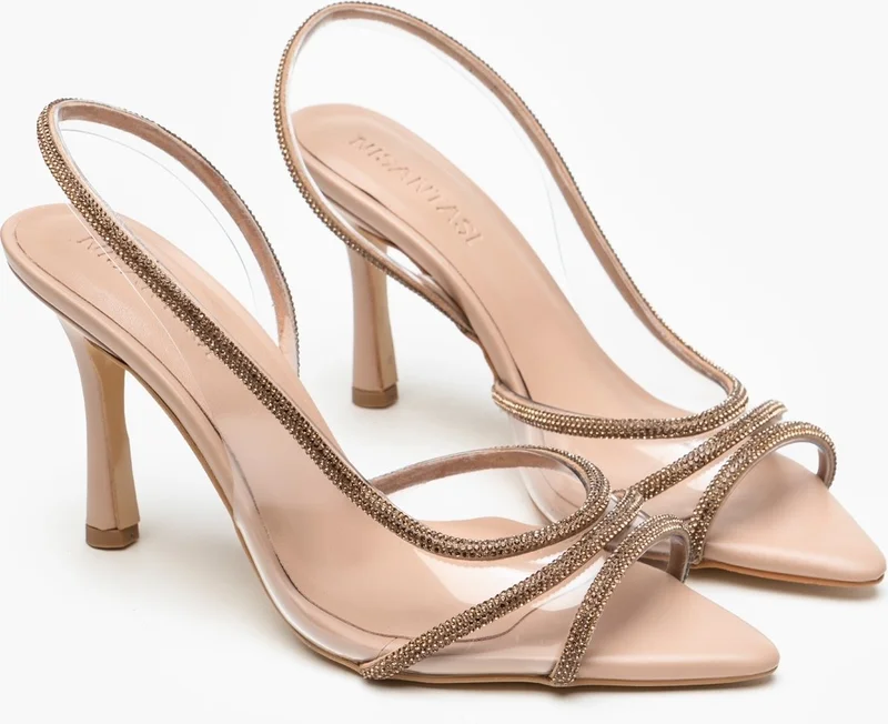 Nişantaşı Shoes Thistle Beige Matte Transparent Stone Detailed Women's Heeled Shoes