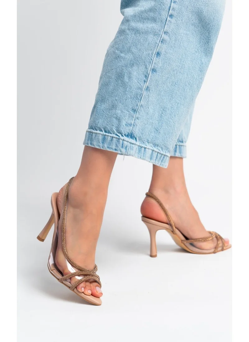 Nişantaşı Shoes Thistle Beige Matte Transparent Stone Detailed Women's Heeled Shoes