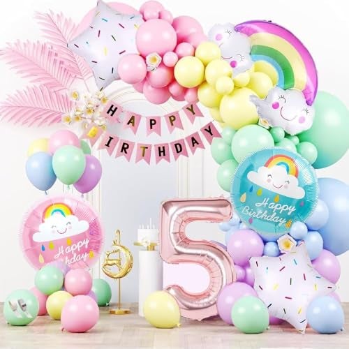 Pop The Party 59-Piece Pastel Rainbow Balloon Arch Garland Kit – Birthday Balloons with Happy Birthday Banner, Arch & Glue Dots for 5th Birthday Decoration - Image 1