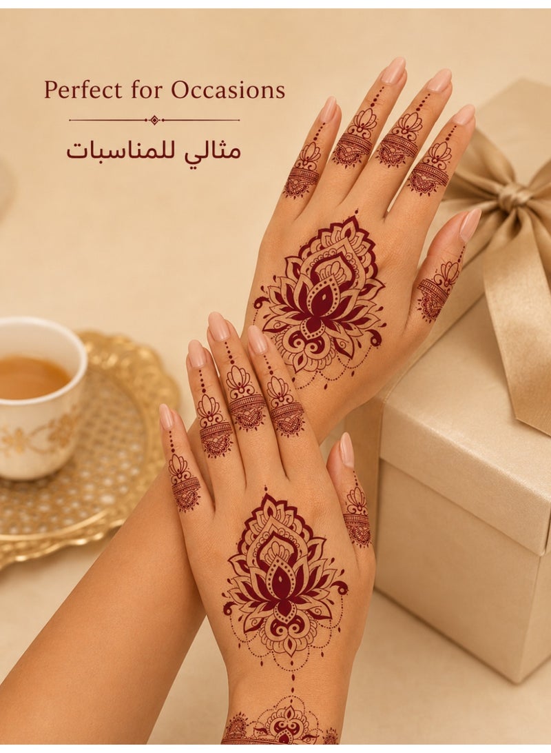 Henna Style Temporary Tattoo Stickers, Burgundy Hand Tattoo Decals for Women Girls, Easy Apply Body Art Stickers for Hands Fingers Wrist, Water & Sweat Resistant Temporary Tattoos for Eid Wedding Party Festival - Image 4
