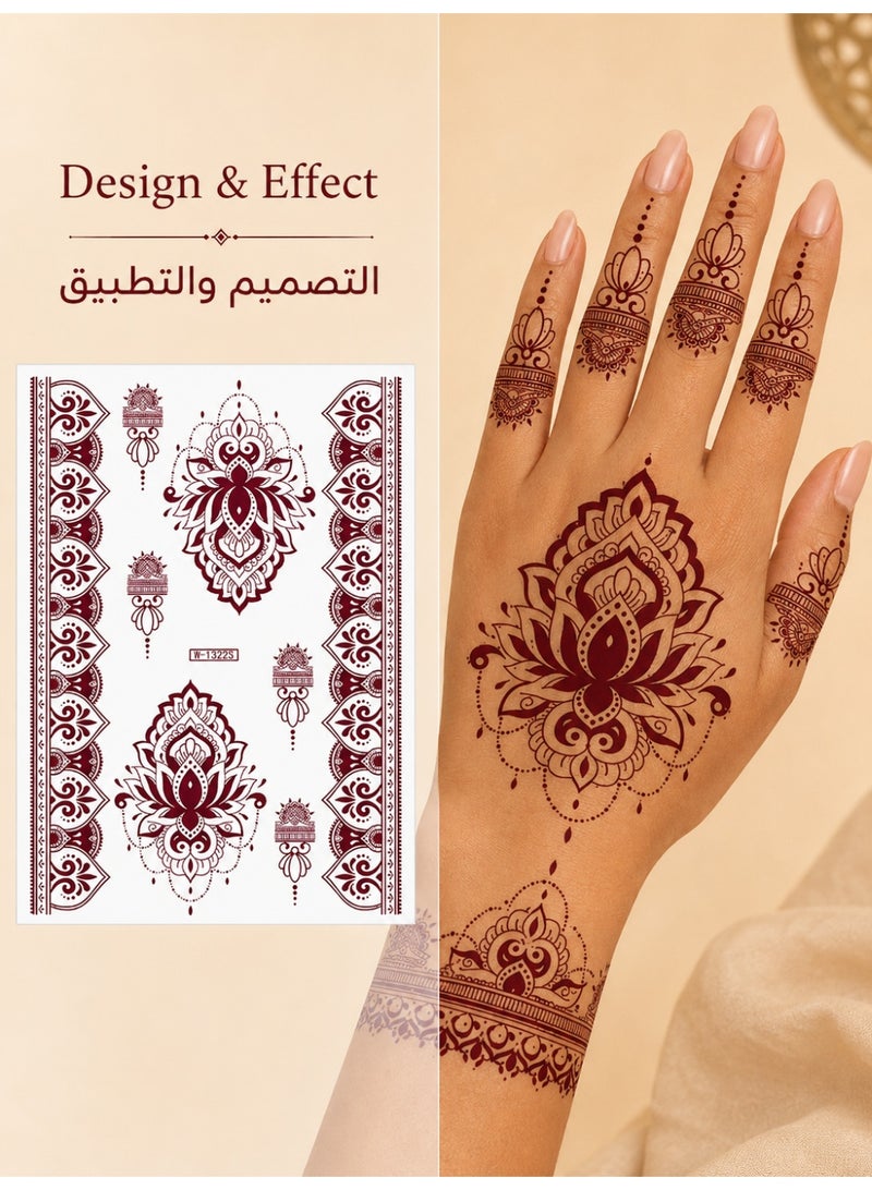 Henna Style Temporary Tattoo Stickers, Burgundy Hand Tattoo Decals for Women Girls, Easy Apply Body Art Stickers for Hands Fingers Wrist, Water & Sweat Resistant Temporary Tattoos for Eid Wedding Party Festival - Image 3
