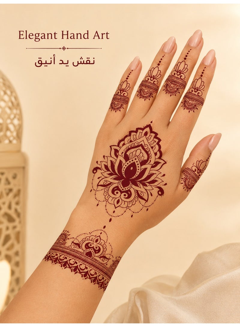 Henna Style Temporary Tattoo Stickers, Burgundy Hand Tattoo Decals for Women Girls, Easy Apply Body Art Stickers for Hands Fingers Wrist, Water & Sweat Resistant Temporary Tattoos for Eid Wedding Party Festival - Image 2