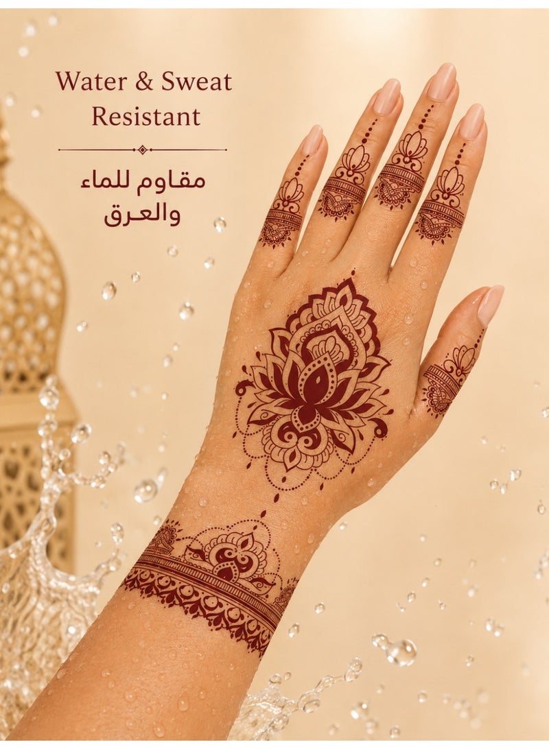 Henna Style Temporary Tattoo Stickers, Burgundy Hand Tattoo Decals for Women Girls, Easy Apply Body Art Stickers for Hands Fingers Wrist, Water & Sweat Resistant Temporary Tattoos for Eid Wedding Party Festival - Image 1