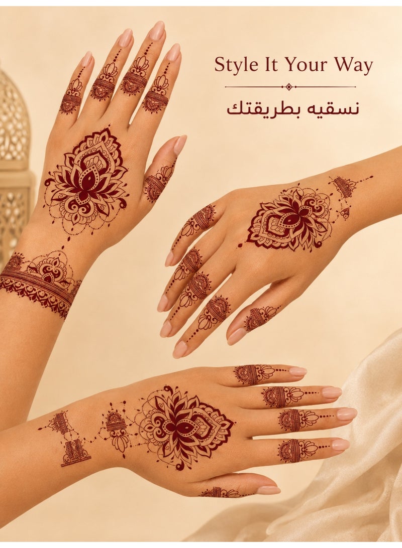 Henna Style Temporary Tattoo Stickers, Burgundy Hand Tattoo Decals for Women Girls, Easy Apply Body Art Stickers for Hands Fingers Wrist, Water & Sweat Resistant Temporary Tattoos for Eid Wedding Party Festival - Image 5