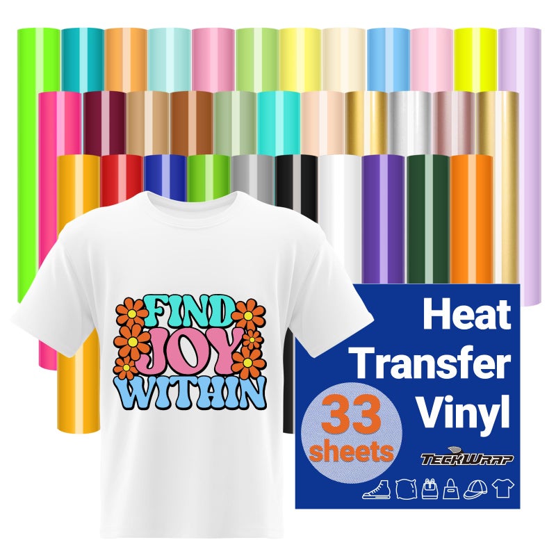 TECKWRAP Heat Transfer Vinyl for TShirt  12 x 12 Iron on Vinyl 33 Assorted Color HTV Vinyl Compatible with Heat Press Craft Cutters