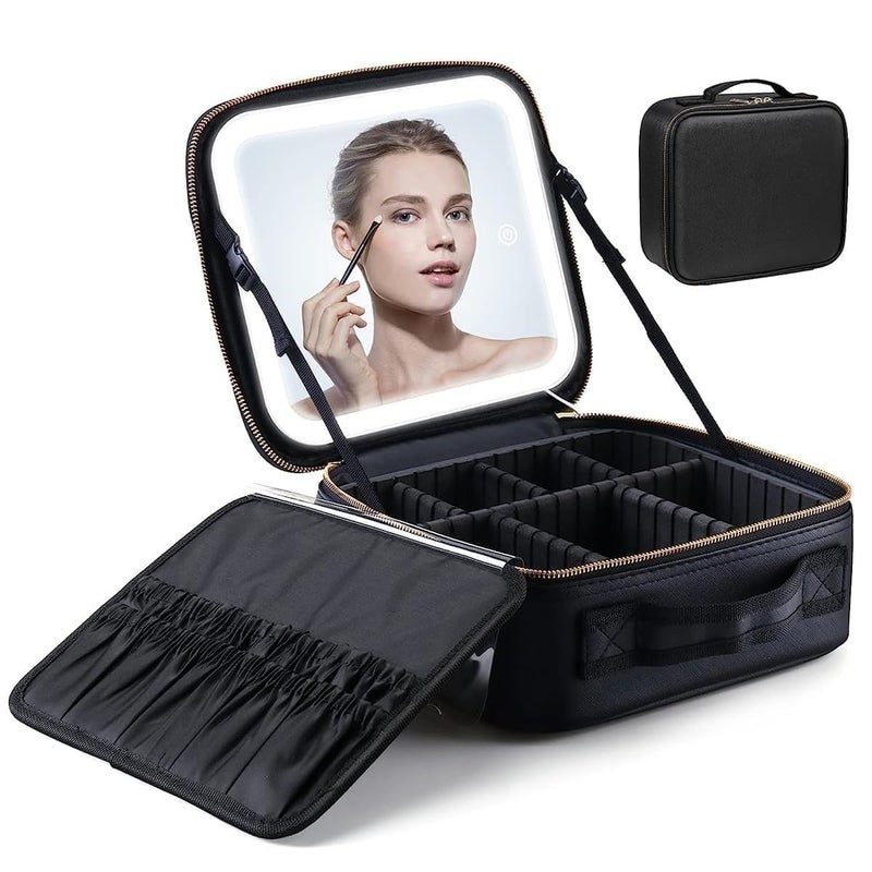 Relavel Makeup Bag with Led Mirror Makeup Train Case with Lighted Mirror A01 Black Small Makeup Bag for Women