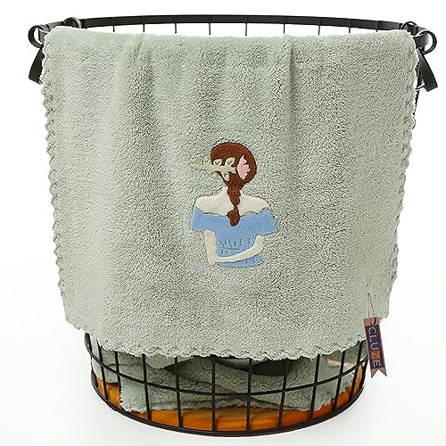CLUZE Microfiber Wash Towels Quick Absorbent Soft Coral Fleece Kids Handkerchief- Face Towel for Girls Cute Doll Embroidered Hanky, Baby Shower Gift (35x75 cm) (Green) - Image 2